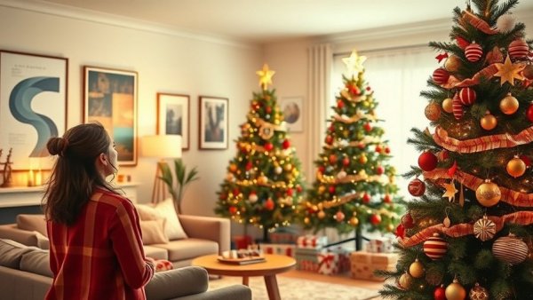 Non-Traditional Christmas Decor Trends with colorful living room and festive tree.