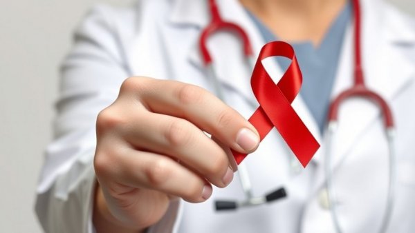 Healthcare professional holding red ribbon for World AIDS Day 2025.