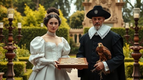 Elegant historical figures in garden at Dallas Fort Worth film openings.