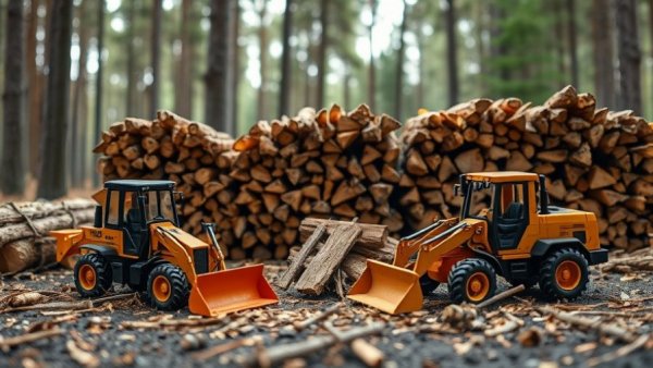 Construction machines with firewood stacks for Firewood Art Fundraising.