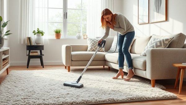 Person vacuuming carpet in modern living room, clean and organized space.