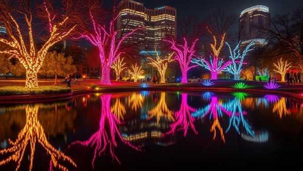 Vibrant holiday lights in Dallas park reflecting in pond