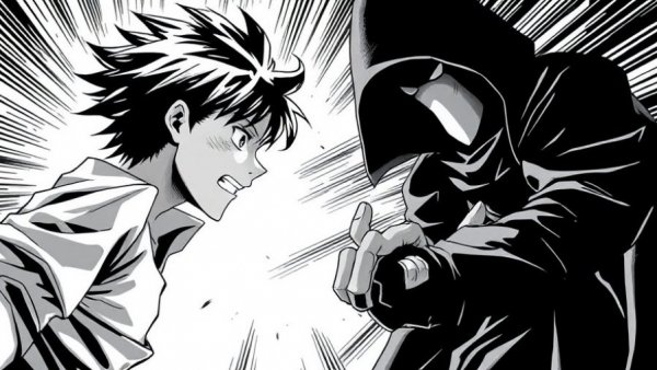 Dynamic debut of teenage time-traveling comic character in confrontation.