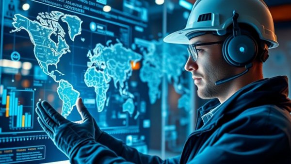 AI-driven construction planning with digital holograms and engineer.