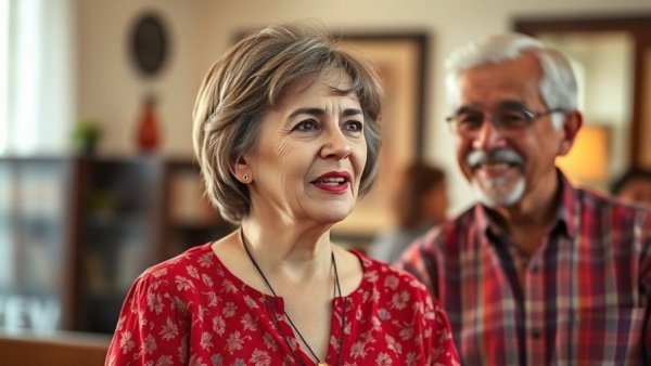 Middle-aged woman speaks with older man in the background.