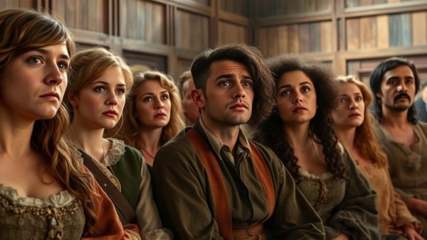 Elizabethan audience showing grief at a play, reflecting Hamlet's themes.