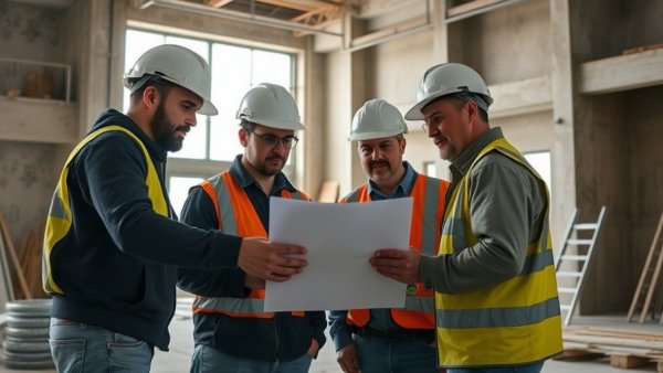 Construction firm leadership strategies: Workers discuss plans on site.