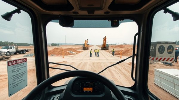 Construction site view from vehicle emphasizing safety compliance.