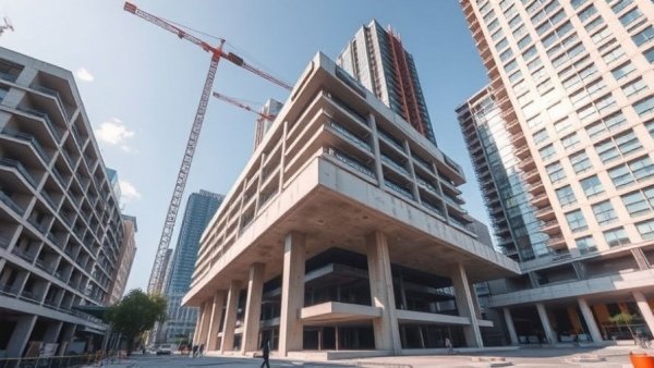 Innovative construction site with eco-friendly cement structure, highlighting 60% carbon reduction.