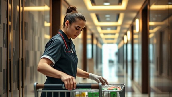 Hotel worker replenishing cart in hallway, relevant to panic buttons for isolated workers.