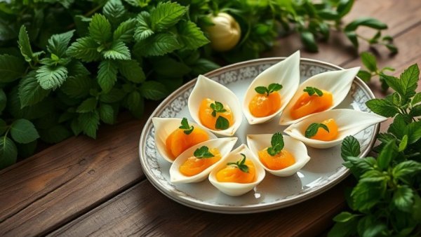 Mandarin and mint Waldorf endive boats on a rustic table