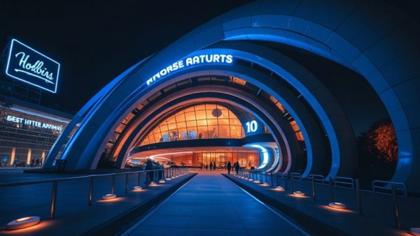 Futuristic blue-lit structure showcasing ornamental craftsmanship.