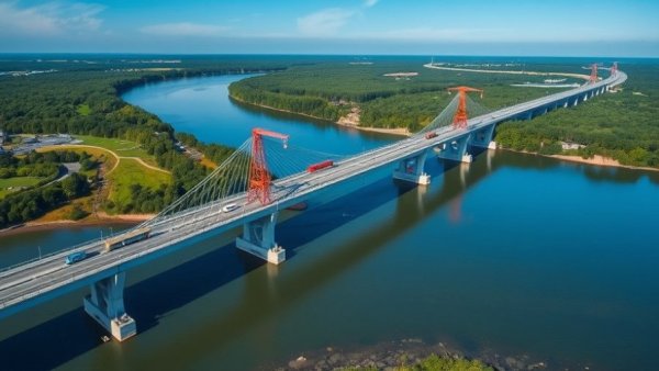 Aerial view of a bridge construction site over a river.
