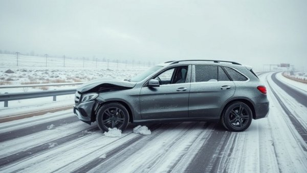 Snow-covered damaged SUV in snowplow accident on highway.