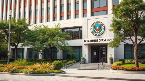 US Department of Energy building with lush greenery, sign visible.