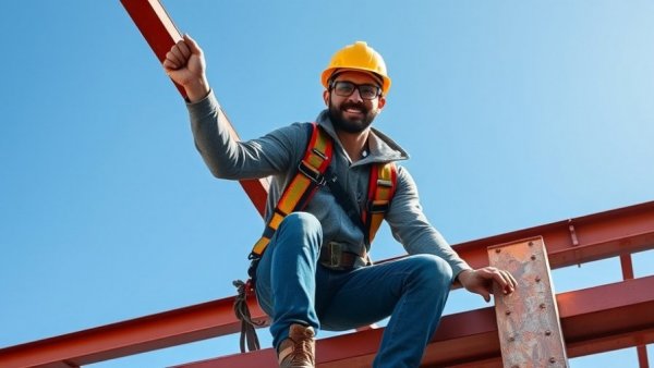 Construction worker safety score: worker on steel beam with safety gear.