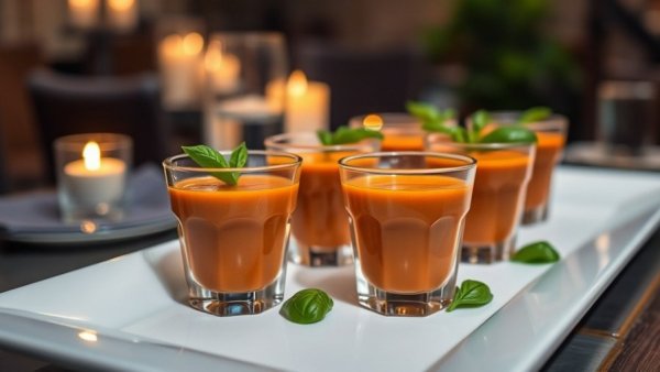 Gourmet tomato and basil bisque shooters on a white tray with basil.