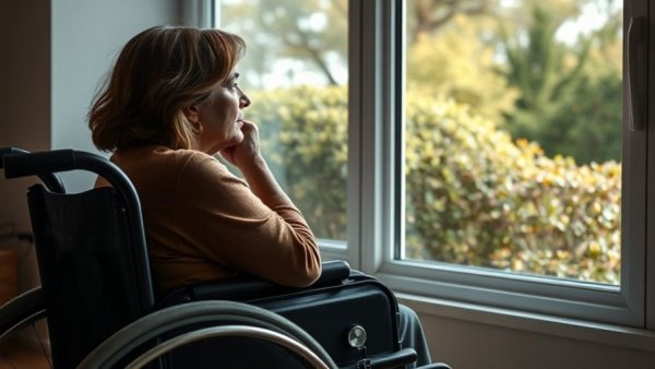 Reflective woman in boarding home gazes outside, Texas boarding homes abuse