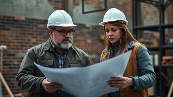 Construction team discussing plans, related to bidding strategy construction.