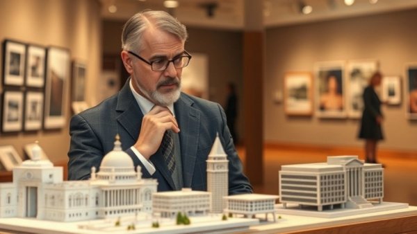 Architect showcasing innovative building models in an art gallery.