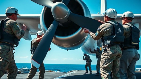 Military technicians repairing aircraft propeller, bright daylight.