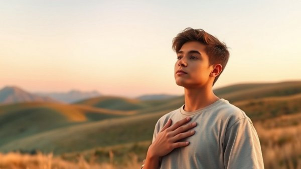 Thoughtful cartoon man in serene landscape, reflecting on kindness.