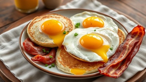 Off-Trail Texas Diners breakfast with eggs and bacon, vibrant colors.