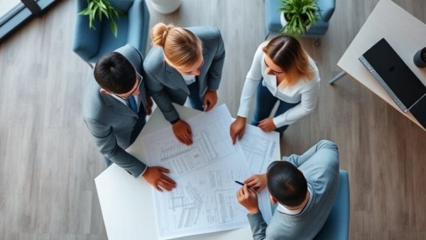 Professionals collaborating on value engineering plans in an office.