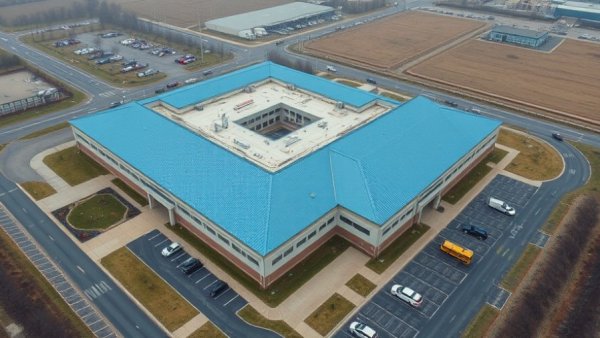 Aerial view of building with a NeverFade® corrected blue roof in rural area.