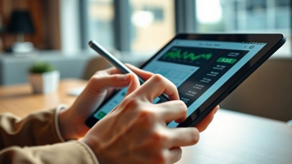 Close-up of hands using tablet for Construction Business Finance research.