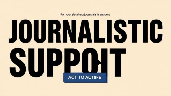 Poster inviting support for journalism, beige background.