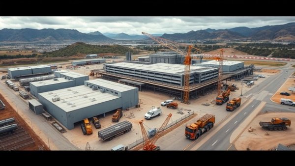 Aerial view of industrial site in semiconductor manufacturing expansion.