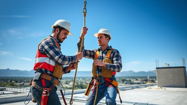 Workers installing fall protection gear on a rooftop, Careers in Fall Protection.