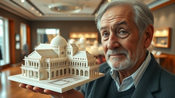 Architect displaying complex model in exhibition, warm setting and lighting.
