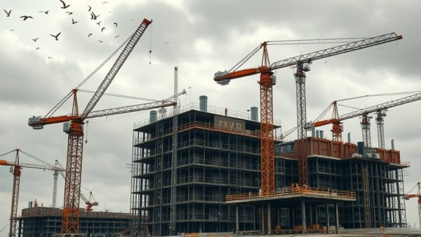 Towering construction site with cranes under a sky filled with birds, highlighting construction industry outlook 2026.