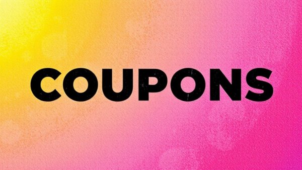 Bold graphic text 'Coupons' in vibrant colors on a textured background.
