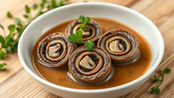 Elegant mushroom stuffed steak pinwheels in warm, serene setting.