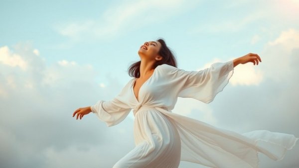 Dynamic person in white with Cloud Dancer sky backdrop.