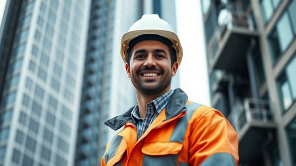 Confident construction worker smiling in urban setting, construction estimating.