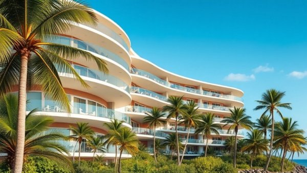 Luxury oceanfront living with modern architectural design and palm trees.