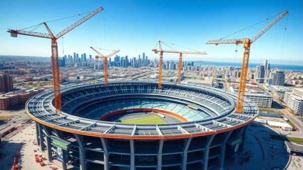 Aerial view of stadium construction milestone with city skyline.