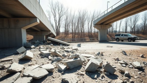 Kansas excavator bridge accident aftermath with scattered debris.