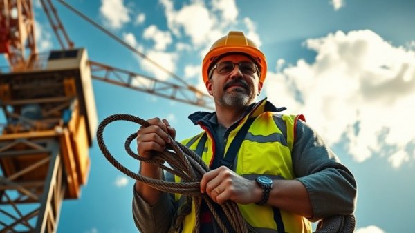Construction worker near crane emphasizing safety measures.