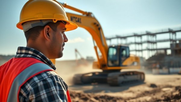 Construction worker monitors excavator on site, highlighting construction safety challenges.
