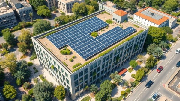 Modern sustainable workplace design with solar panels, green surroundings.