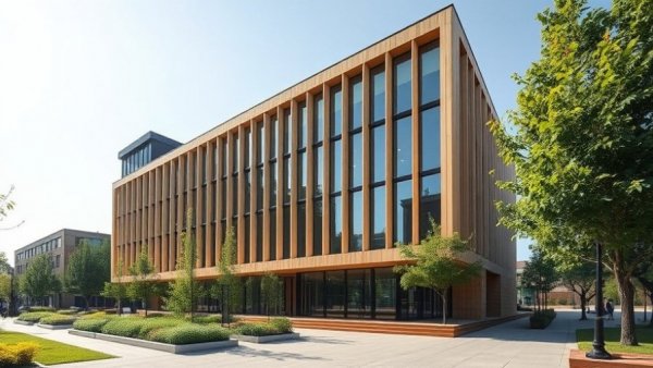 Modern building showcasing mass timber adoption in construction on a university campus.