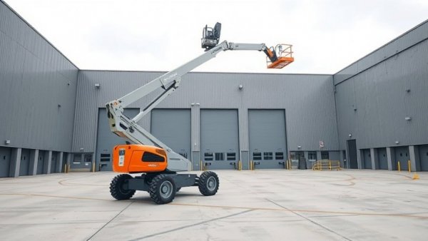 All-electric articulated boom lift operated near industrial warehouse.