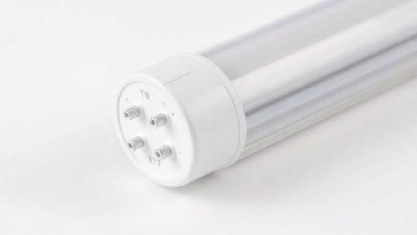 Close-up of EarthTronics T8 LED Linear Lamp, showing brand and connectors.