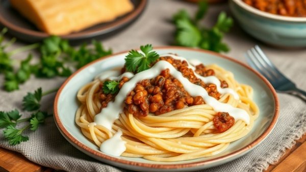 Creamy pastitsio with lentil bolognese garnished with parsley.