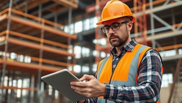 Construction manager using tablet at site, focusing on finance data.